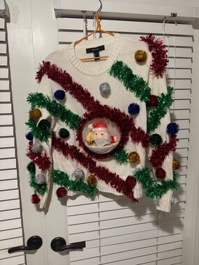 Forever 21 White Ugly Holiday Sweater with Colorful Tinsel & Santa snowglobe